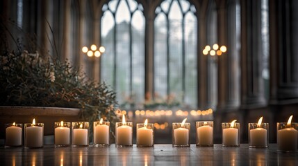 Candles in church with altar in background. Beautiful catholic or Lutheran cathedral with many lit candles as prayer or memory symbol. Beautiful lights in Christian basilica and crucifix in background - obrazy, fototapety, plakaty