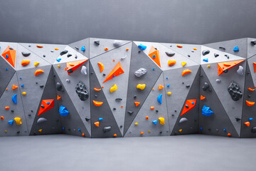 Indoor bouldering wall with colorful climbing holds. Gym indoor extreme training