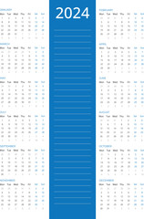 calendar for 2024, Vertical Blue Calendar 2024 week starting Monday, Vector 2024 Calendar template to make your new year planning easy. Calendar design simple and professional