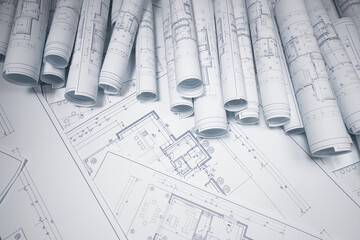White architectural blueprints. Building plans and construction design concepts.
