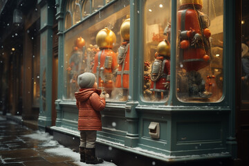 Cute little child, boy, standing in front of a shop window, wearing a red jacket and hat, looking at the Christmas decorations