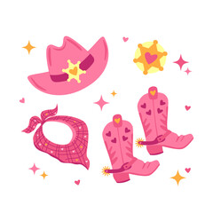 Barbiecore cowgirl fashion elements set. Cowgirl boots, hat, cowboy boots. Wild West fashion style vector for invitation, wrapping paper, packaging etc.