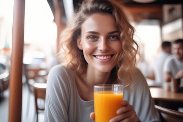 woman drinking orange juice - obrazy, fototapety, plakaty