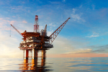 Offshore platform or oil rig in the open ocean producing natural gas for energy. - 666505605