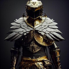 AI-generated illustration of A metallic helmet and armor set featuring intricate detailing