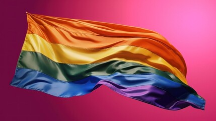 Gay pride flag waving in the wind on a pink background. LGBT parade on the city street. Pride month concept. LGBTQIA+. Background with a copy space.