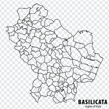 Blank map Basilicata of Italy. High quality map Region Basilicata with municipalities on transparent background for your web site design, logo, app, UI.  EPS10.