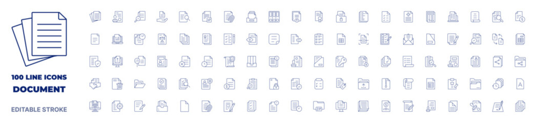 100 icons Document collection. Thin line icon. Editable stroke. Document icons for web and mobile app. - obrazy, fototapety, plakaty