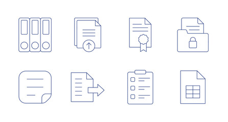 Document icons. Editable stroke. Containing folder, upload, file, document, clipboard, secret, sheet.
