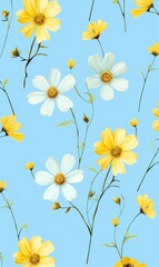 Seamless floral pattern with chamomile flowers on blue background