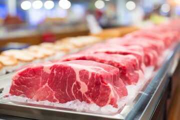 High-Quality Close-Up of Fresh Raw Pork Meat on Shop Counter - Perfect for Magazine Advertising