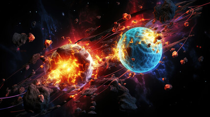 Obraz premium Subatomic proton particle collision. Nuclear fusion concept. Generative AI