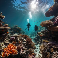 Fototapeta na wymiar Skilled female diver gracefully explores the underwater world