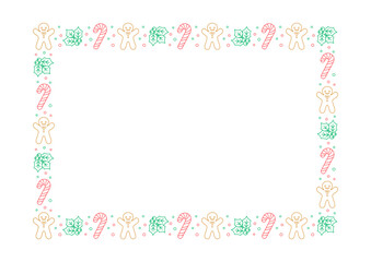 Rectangle Christmas Frame Border. Gingerbread Cookies, Candy Cane and Mistletoe Pattern Winter Holiday Graphics. Social media post template on white background. Isolated vector illustration.