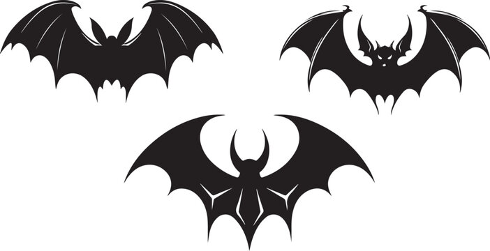 Horrific black bats swarm isolated on white background Halloween vector background Flying fox night creatures illustration traditional Halloween symbols Silhouettes of flying bats