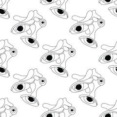 Seamless Pattern with Psyhodelical Print with Monster Eyes. Surreal Design, Endless Texture. Pop Art Cartoon Style with Stains. Coloring Book Page. Vector Contour Illustration