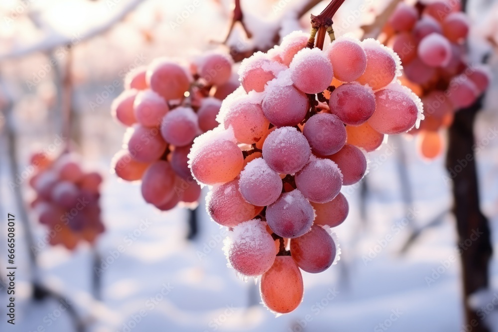 Poster close-up of frozen grapes in vineyard background with empty space for text