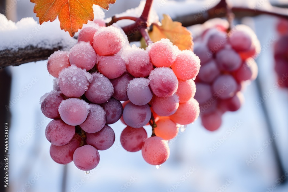 Poster close-up of frozen grapes in vineyard background with empty space for text