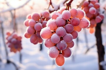 Close-up of frozen grapes in vineyard background with empty space for text 