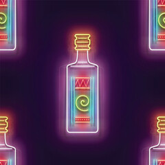 Seamless pattern with glow Mexican tequila. Traditional ethnic alcoholic drink. Neon Light Texture, Signboard. Glossy Background. Vector 3d Illustration 