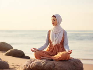Fototapeta na wymiar young woman meditatiing on the beach
