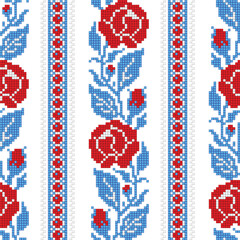 Realistic Cross-Stitch Embroideried Seamless Pattern with Roses. Ethnic Floral Motif, Handmade Stylization. Traditional Ukrainian Red and Blue Embroidery. Ethnic Design Element. Vector 3d Illustration