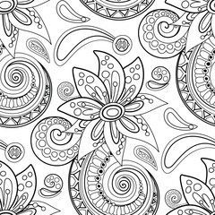 Folkloric Seamless Pattern with Paisley Flower, Nature Inspired Design Element. Ornate Abstract Pattern. Endless Texture for Fabric, Wallpaper etc. Vector Illustration Coloring Book Page