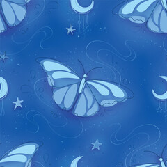 Seamless Pattern with Delicate Dreamy Butterfly on Textured Background. Hand-Drawn Style Texture. Natural Abstract Design.  Monochromatic Powdery Coloring. Vector 3d Illustration
