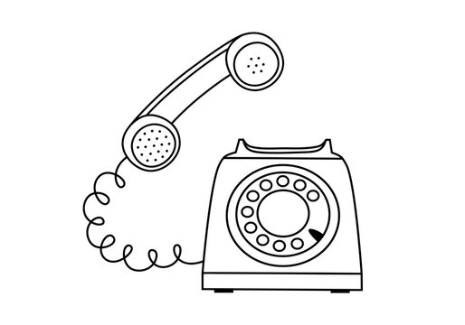 Hand drawn cute outline illustration of blue retro wired phone. Flat vector old telephone sticker in simple line art doodle style. Make a call. Pick up the phone icon or print. Isolated on white.
