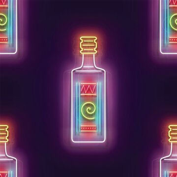 Seamless pattern with glow Mexican tequila. Traditional ethnic alcoholic drink. Neon Light Texture, Signboard. Glossy Background. Vector 3d Illustration 