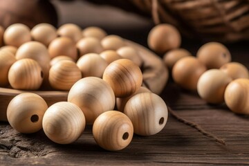 Beech wooden beads closeup. Handcraft beauty bracelet wood macro. Generate Ai