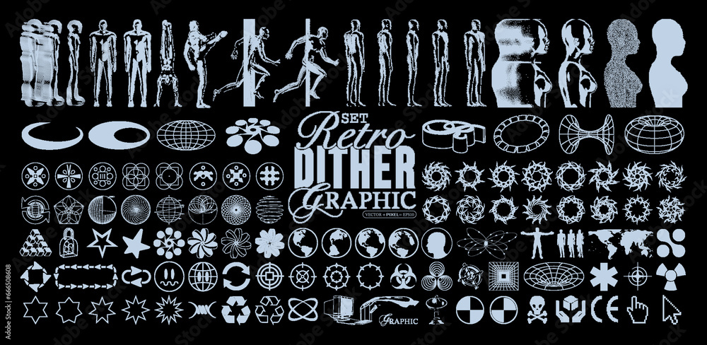 Fototapete retro futuristic abstract dither bitmap graphic elements. pixel people with blur, 3d wireframe eleme