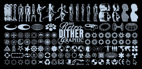 Retro futuristic abstract dither bitmap graphic elements. Pixel people with blur, 3D wireframe elements, gothic y2k sharp spikes with bones, universal shapes for creating poster. Vector set - obrazy, fototapety, plakaty