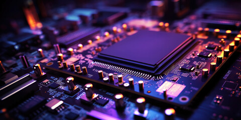 Fototapeta na wymiar Heart of the Machine: Microprocessor in Purple Glow. Motherboard concept. Generative AI