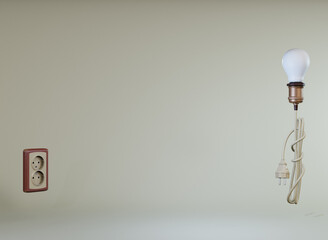 3D lightbulb with outlets and plug, energy power consumption concept.Plastic double socket and...