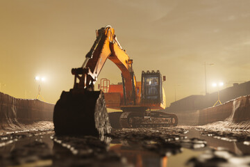 Crawler excavator machine with a lowered shovel on the construction site. - obrazy, fototapety, plakaty