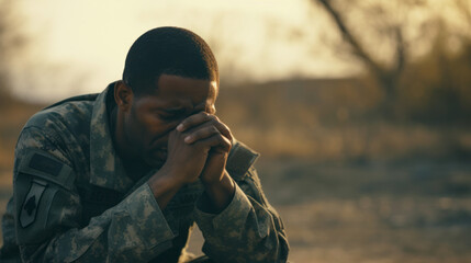 An American soldier with ptsd sits sad

