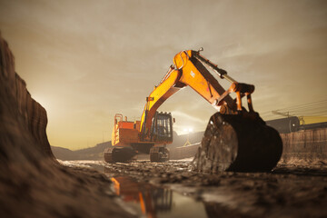 Crawler excavator machine with a lowered shovel on the construction site. - obrazy, fototapety, plakaty