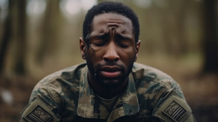 An American soldier with ptsd sits sad
