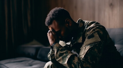 Fototapeta premium An American soldier with ptsd sits sad 