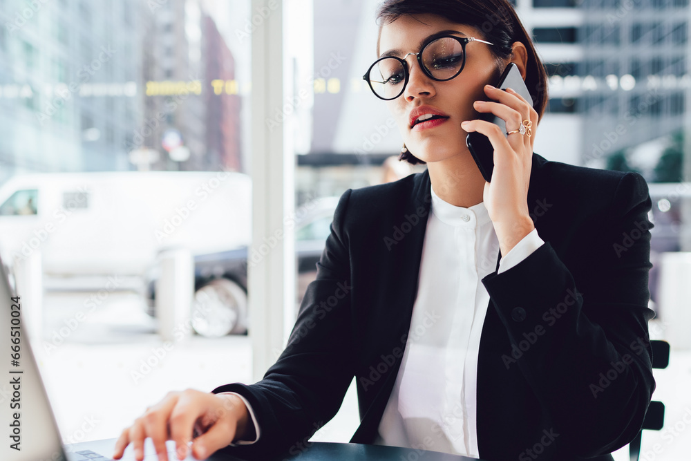 Poster woman using technology and internet connection for remote work