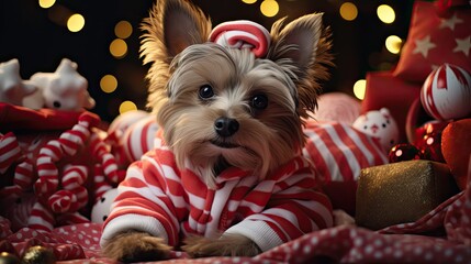 Little Yorkshire Terrier Biewer lies in a Christmas Santa Claus costume. Cool Christmas concept. Generative AI