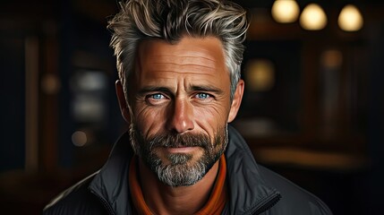 Fototapeta premium Portrait Of A Mature Man Smiling At The Camera. on white. Left side. Man face portrait illustration. Generative AI