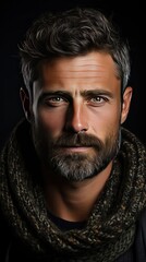 Obraz premium Isolated shot of young handsome male with beard, mustache and trendy hairdo, wears casual grey sweater, has serious expression. Man face portrait illustration. Generative AI