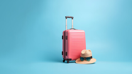 Pink suitcase with sunglasses hat and camera on pastel background