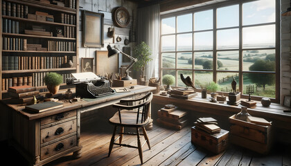 A rustic-themed home office space, unoccupied, showcasing a desk made from reclaimed wood, a collection of antique artifacts, and a classic typewriter. An expansive window