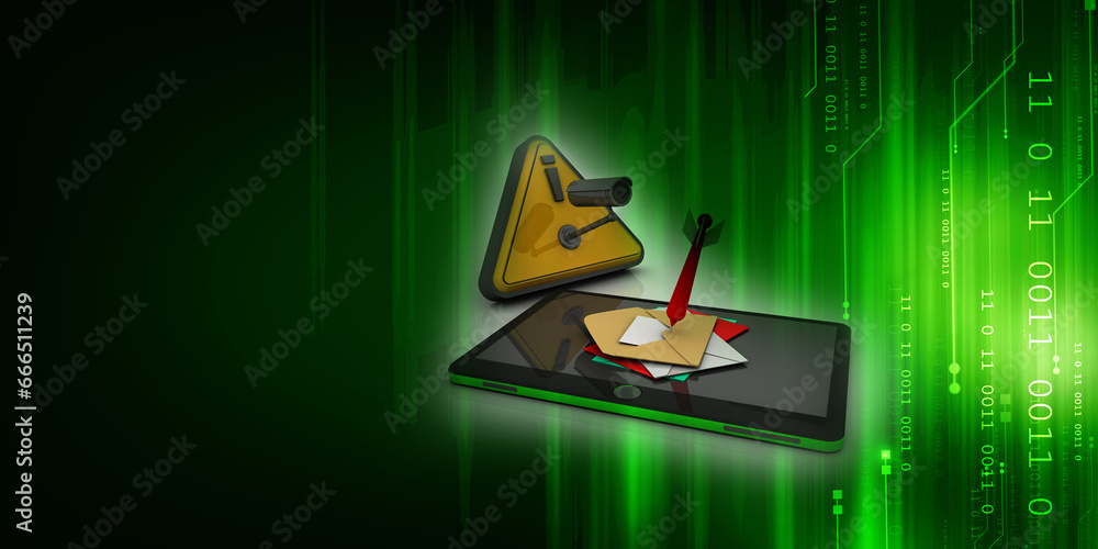 Poster 3d rendering envelope network with mobile phone under cctv camera