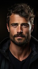 Obraz premium Close up portrait of satisfied confident handsome guy touching with shaved flawless clean soft skin after morning shaving, on background, copy-space. Man face portrait illustration. Generative AI