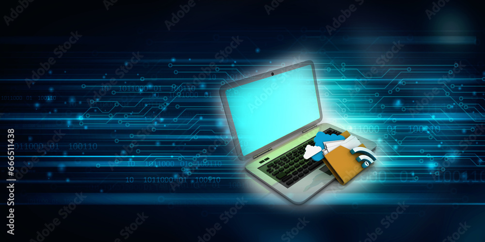 Poster 3d rendering cloud folder storage in laptop