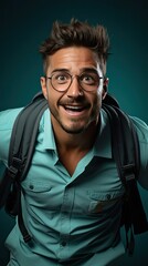 Obraz premium Profile of sporty active guy jump hold netbook run work wear specs green shirt background. Man portrait illustration. Generative AI